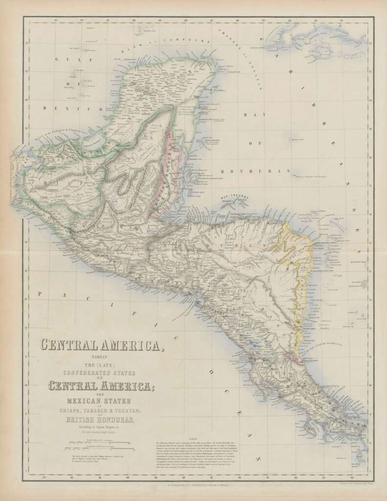 Central America namely the (late) confederated States of Central America, The Mexican States of Chiapa, Tabasco & Yucatan and British Honduras'. Engraved by J Bartholomew (1860)